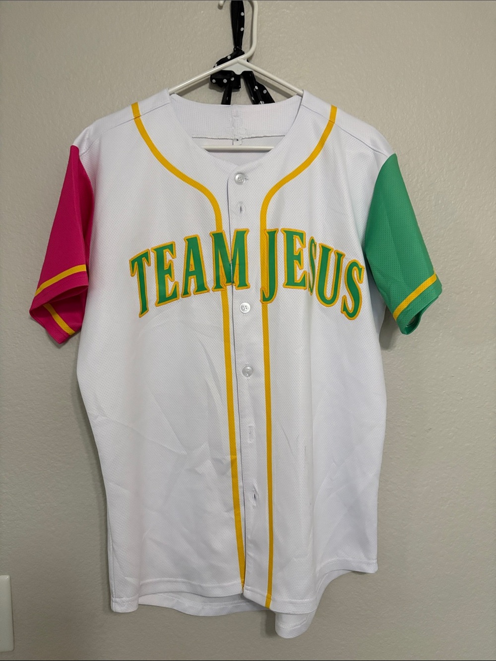 TEAM JESUS White Baseball Jersey with Pink and Green Sleeves